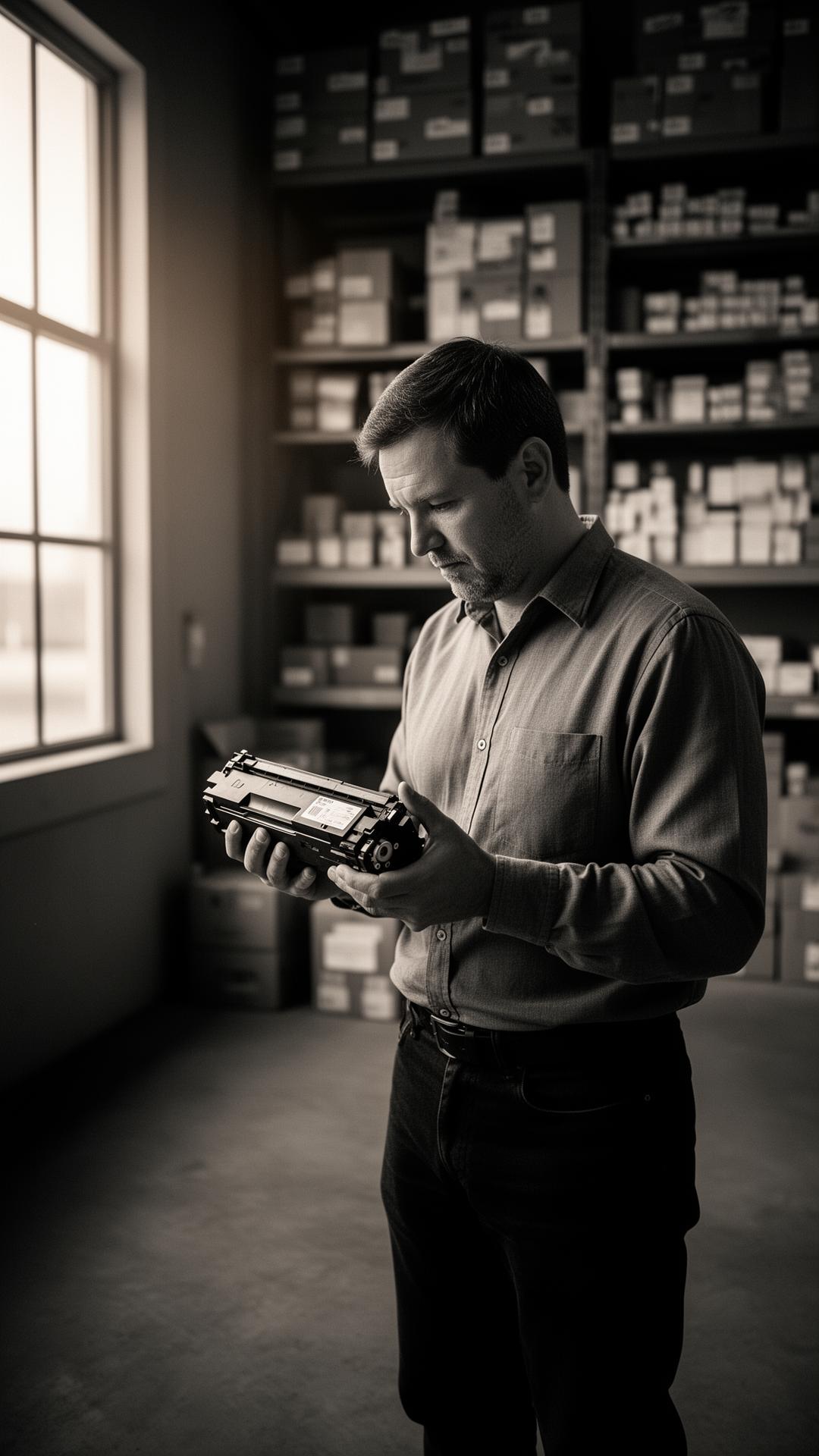 A Next Day Plus operations lead inspecting a single toner cartridge in our Orland Park warehouse.